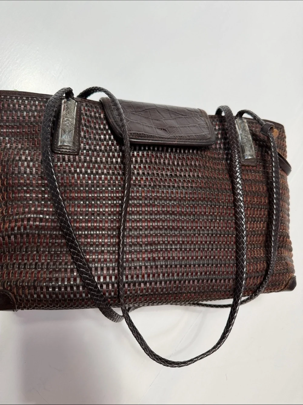 Brighton Woven Leather Shoulder Bag - Dark Brown